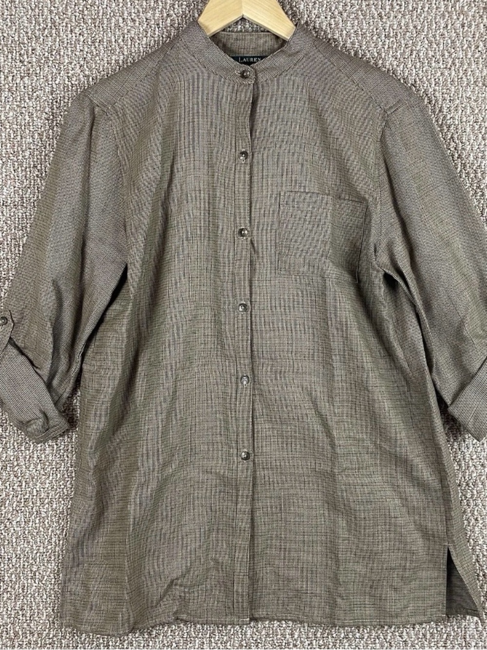 Ralph Lauren Shirt Womens M Button Up Check Silk Linen Wool Equestrian F530
